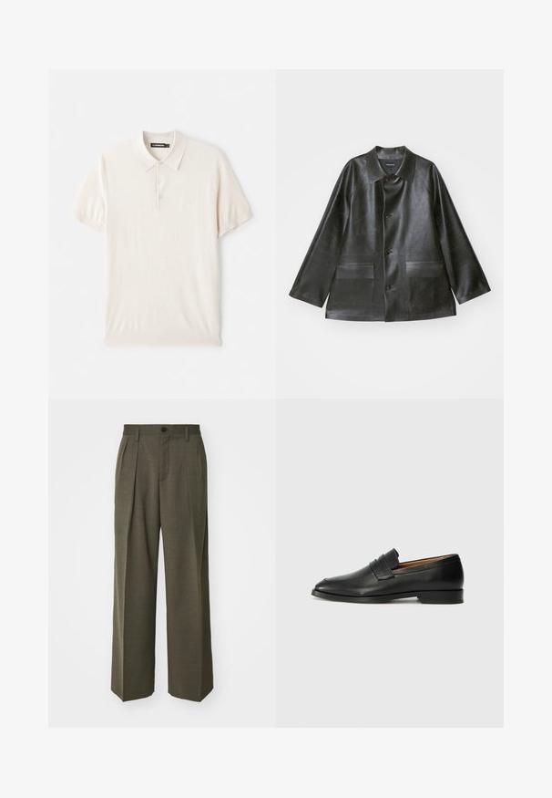 Emporio Armani CABAN - Keinonahkatakki - lavagna; Vaaleanbeige polo-paita, jossa on klassinen kaulus, kolmen napin listakerros ja lyhyet hihat. Valmistettu pehmeästä, sileästä kankaasta. Yksinkertainen muotoilu ilman kuvioita.; Filippa K WIDE TROUSERS - Housut - driftwood; Musta nahkainen loafer, jossa on pyöreä kärki, hienovarainen ommelkoristelu ja matala korko, joka on varustettu sileällä pinnalla ja minimalistisella designilla.
