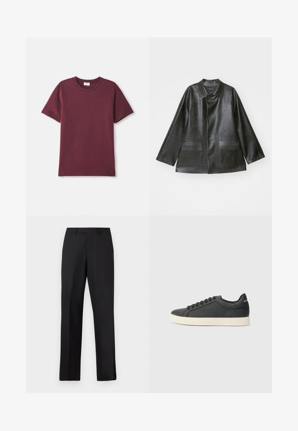 Emporio Armani CABAN - Jachetă din imitație de piele - lavagna; Tricou din bumbac burgundy, cu guler rotund, mâneci scurte și o croială lejeră. Textură netedă și design minimalist.; Pantaloni negri cu talie dreaptă, realizați dintr-un material neted. Prezintă o talie standard și nu au modele sau accente vizibile.; Sneaker din piele neagră cu profil joasă, vârf rotunjit și închidere cu șireturi; caracteristici o talpă din cauciuc texturat și detaliu cu logo pe toc.