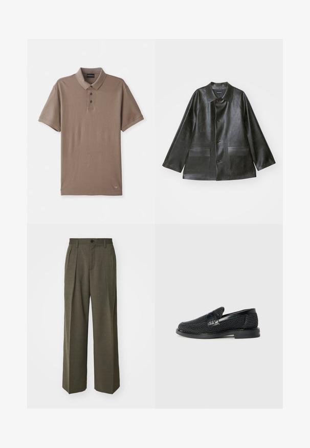 Emporio Armani CABAN - Kunstnahast jakk - lavagna; Pruun polo särk tekstureeritud viimistlusega, lühikeste varrukatega, kolme musta nupuga ja väikese logoga paremas alanurgas.; Filippa K WIDE TROUSERS - Püksid - driftwood; Must musta kootud slip-on king, millel on pehme nahast accent ülaserval, ümmargune varvas ja madal profiiliga kummitald.