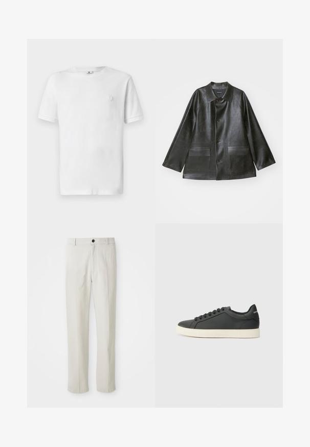 Emporio Armani CABAN - Jachetă din imitație de piele - lavagna; Tricou alb din bumbac, cu guler rotund și mâneci scurte. Are un mic logo texturat în zona stângă a pieptului. Textură de stofă netedă.; Pantaloni bej cu picioare drepte, cu bucle pentru centură, nasture frontal și închidere cu fermoar, prezentate plate pe un fundal alb.; Sneaker din piele neagră cu profil joasă, vârf rotunjit și închidere cu șireturi; caracteristici o talpă din cauciuc texturat și detaliu cu logo pe toc.