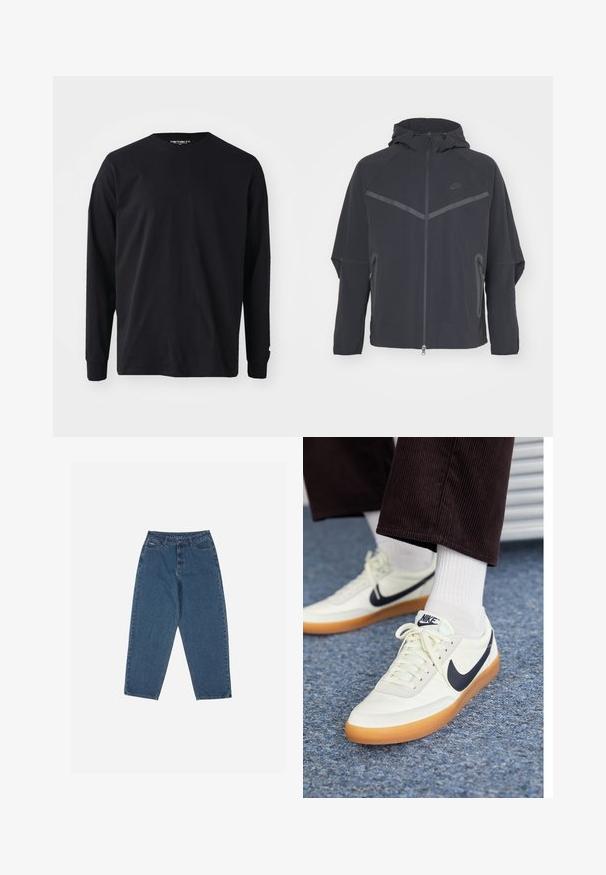 Melnā Nike jaka ar priekšēju rāvējslēdzēju, kapuci un leņķainām šuvēm. Iezīmējas ar atstarojošām akcentiem un sānu rāvējslēdzēju kabatām. Izgatavota no viegla auduma.; Melna garām piedurknēm t-krekls, izgatavots no kokvilnas, ar apaļu dekoltē un taisnu griezumu, ar nelielu logo detaļu uz piedurknes.; Zilā džinsu auduma bikses ar brīvu piegriezumu, augstu jostasvietu, piecu kabatu dizainu un šuvju akcentiem. Iekļauts pogu un rāvējslēdzēja aizdare.; Baltās ādas Nike sporta apavi ar tumši zilu swoosh, ar gumijas zoli un baltiem šņorēm, kombinēti ar baltām sporta zeķēm un tumšām korduroja biksēm.