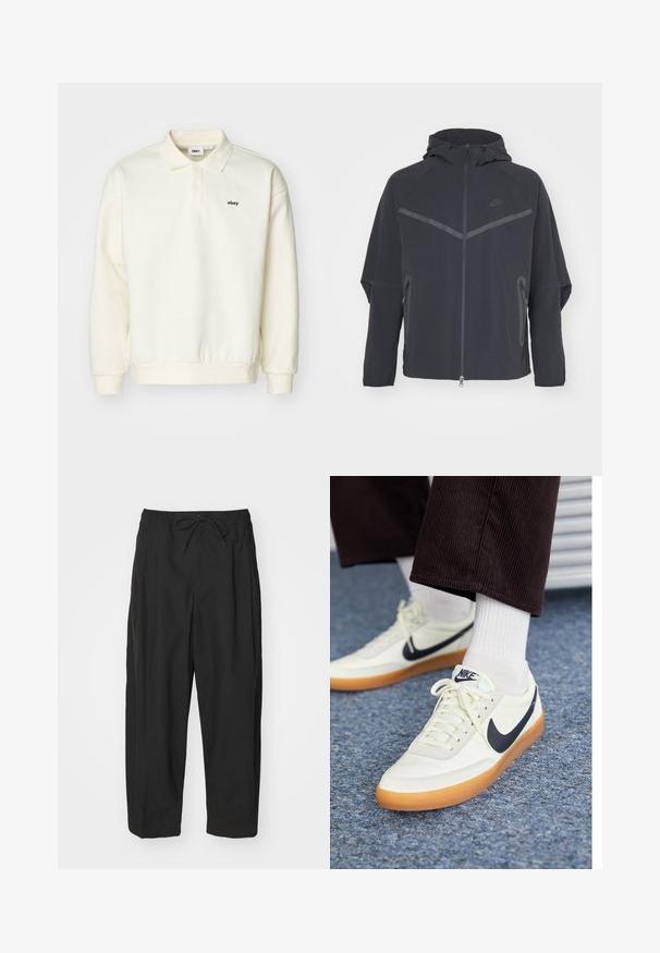 Μαύρο μπουφάν Nike με μπροστινό φερμουάρ, κουκούλα και γωνιώδεις ραφές. Διαθέτει ανακλαστικές λεπτομέρειες και πλαϊνές τσέπες με φερμουάρ. Φτιαγμένο από ελαφρύ ύφασμα.; Obey Clothing LOWERCASE - Μπλούζα με μακριά μανίκια - unbleached; Μαύρο παντελόνι με ελαστική μέση, κλείσιμο με κορδόνι και άνετη γραμμή. Κατασκευασμένο από ομαλό ύφασμα, με μινιμαλιστική σχεδίαση.; Αθλητικά παπούτσια Nike από λευκό δέρμα με ναυτικό swoosh, με σόλα από καουτσούκ γόμας και λευκές κορδόνες, συνδυασμένα με λευκές κάλτσες μέχρι τον αστράγαλο και σκούρο παντελόνι καμπάνα.