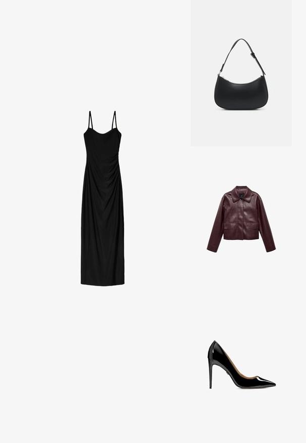 Burgundowa skórzana krótka kurtka z kołnierzem, zapięciem na guziki z przodu i dwiema kieszeniami na piersiach. Gładka tekstura i dopasowane rękawy.; Czarna midi sukienka z cienkimi regulowanymi ramiączkami, z drapowaną formą i gładką teksturą. Brak widocznych wzorów lub ozdób.; Czarna lakierowana skórzana szpilka, o spiczastym czubku, smukłej sylwetce i cienkim obcasie typu stiletto, z gładkim, błyszczącym wykończeniem.; Pieces PCALUANA czarny