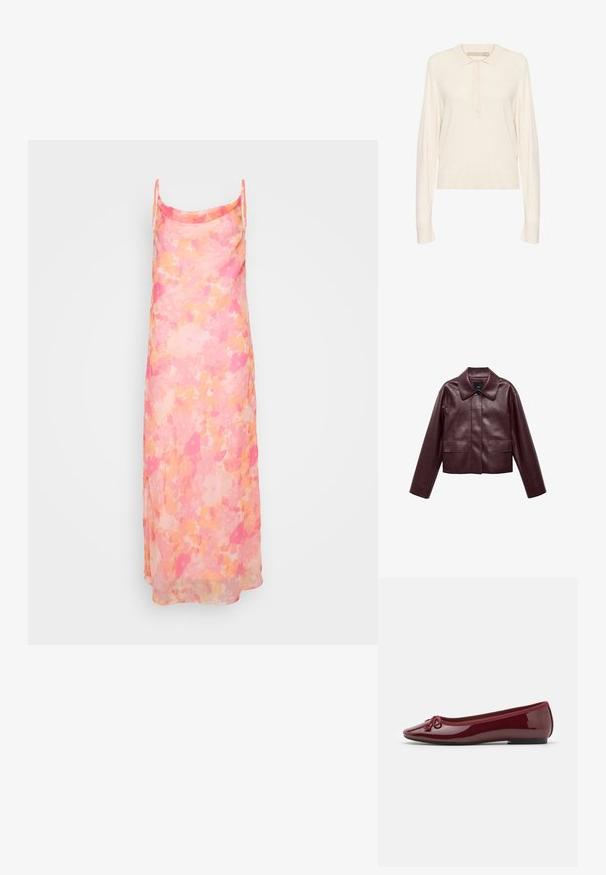 Geacă scurtă din piele bordeaux, cu guler, închidere frontală cu nasturi și două buzunare la piept. Textură netedă și mâneci ajustate.; Rochie din satin cu imprimeu floral în nuanțe de roz și piersică, cu bretele subțiri ajustabile și un design lejer, fluid. Material ușor, semi-transparent.; Polo de culoare crem, cu mâneci lungi, realizat dintr-o țesătură tricotată moale, având un guler ribetat, o închidere cu patru butoane și o croială lejeră. Textură netedă.; Balerini din piele lacuită burgundă lucioasă, având vârf rotunjit, o fundiță decorativă și o talpă joasă neagră.