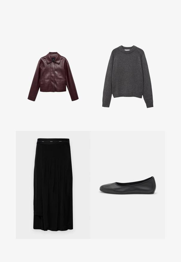 Burgunderrote, taillierte Lederjacke mit Kragen, Knopfverschluss auf der Vorderseite und zwei Brusttaschen. Schmale Passform und enganliegende Ärmel.; Dunkelgrauer Pullover mit rundem Ausschnitt, gerippten Bündchen und Saum. Strickstruktur mit lockerer Passform und langen Ärmeln.; Schwarzer Midirock mit Falten, glatter Textur und einem breiten Bund mit dezentem Markenlogo. Schlichtes Design und bodenlanger Schnitt.; Schwarze Leder-Ballettschuhe mit abgerundeter Spitze, glatter Textur, minimalen Nähdetails und einem flexiblen Sohlen-Design.