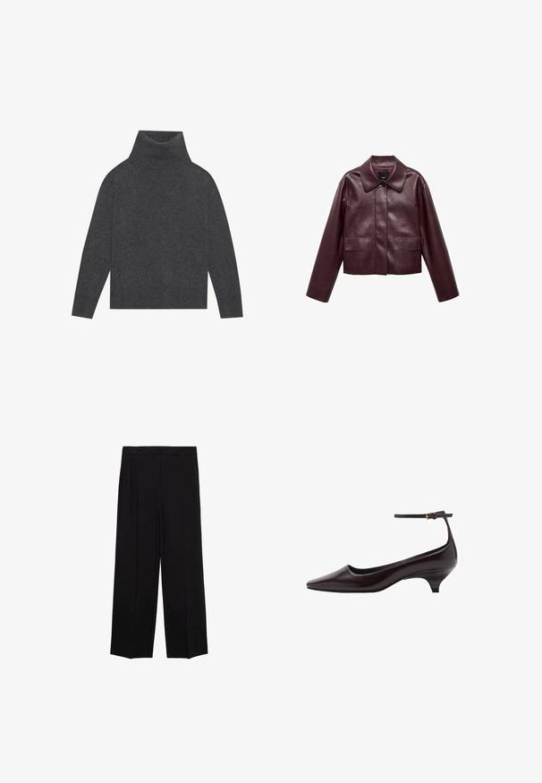 Bordo kožna skraćena jakna s ovratnikom, prednjim kopčanjem na dugmad i dvije džepove na prsima. Glatka tekstura i uske rukave.; Sivi pulover s turtleneck iz mehkega, teksturiranega pletenja. Ima dolge rukave i opušten, kutijasti oblik s rebrastim rubom i manžetama.; Crne hlače širokog kroja od glatkog materijala, s plisama sprijeda i bočnim džepovima, dizajnirane s ravnim, opuštenim krojem.; Tamno smeđe kožne cipele s kitten petom, šiljastog vrha, s tankim remenom oko gležnja i malim zlatnim kopčanjem.