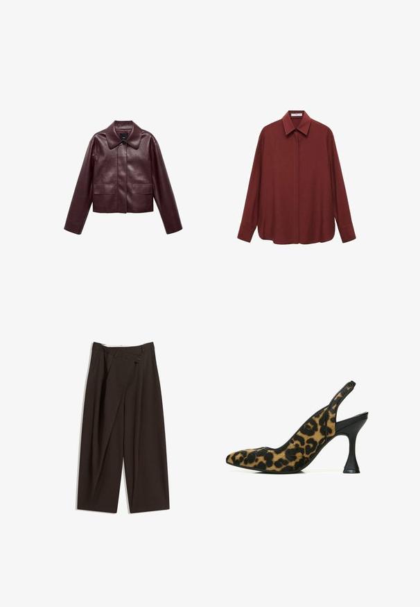 Bordeaux leren cropped jas met een kraag, sluiting met knopen aan de voorkant en twee borstzakken. Glad textuur en aangesloten mouwen.; Bordeauxhemd met lange mouwen, een puntafwerking, voor knoopsluiting en een losse pasvorm. Gemaakt van een gladde stof met een minimaal ontwerp.; Donkere bruin wijde broek met een hoge taille, voorzien van een enkele knoopsluiting en een geplooide voorkant. Gemaakt van lichtgewicht stof.; Luipaardprint slingback pump met een spitse neus, gemaakt van textuurstof, met een slanke zwarte hak en achterband voor ondersteuning.