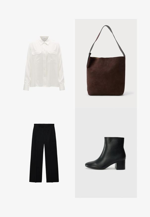 Burgundy leather cropped jacket with a collar, front button closure, and two chest pockets. Smooth texture and fitted sleeves.; Long-sleeved white shirt made from smooth fabric, featuring a classic collar, front button closure, and two chest pockets with flap accents.; Black high-waist wide-leg trousers with belt loops and side pockets, featuring a front zip and button closure.; Black leather ankle boots with a pointed toe and a chunky heel. Smooth texture with minimal accents and a sleek, fitted design.; Brown suede shoulder bag with a smooth texture and a single adjustable strap; features a minimalist design and subtle branding on the front.