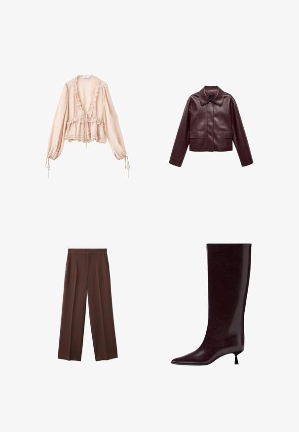 Burgundowa skórzana krótka kurtka z kołnierzem, zapięciem na guziki z przodu i dwiema kieszeniami na piersiach. Gładka tekstura i dopasowane rękawy.; Bluzka w odcieniu różowego rumieńca z długimi rękawami, falbaniastym dekoltem, ściągaczem w talii oraz koronkowym wykończeniem przy mankietach i u dołu. Lekka, teksturowana tkanina.; Brązowe spodnie o szerokich nogawkach z gładką teksturą, z dwiema bocznymi kieszeniami i plisowanym przodem, zapewniające luźny krój.; Botki sięgające do kolan w kolorze bordowym, wykonane z gładkiej, teksturowanej skóry, z wąskim noskiem i cienkim, warstwowym obcasem dla większego wzrostu.