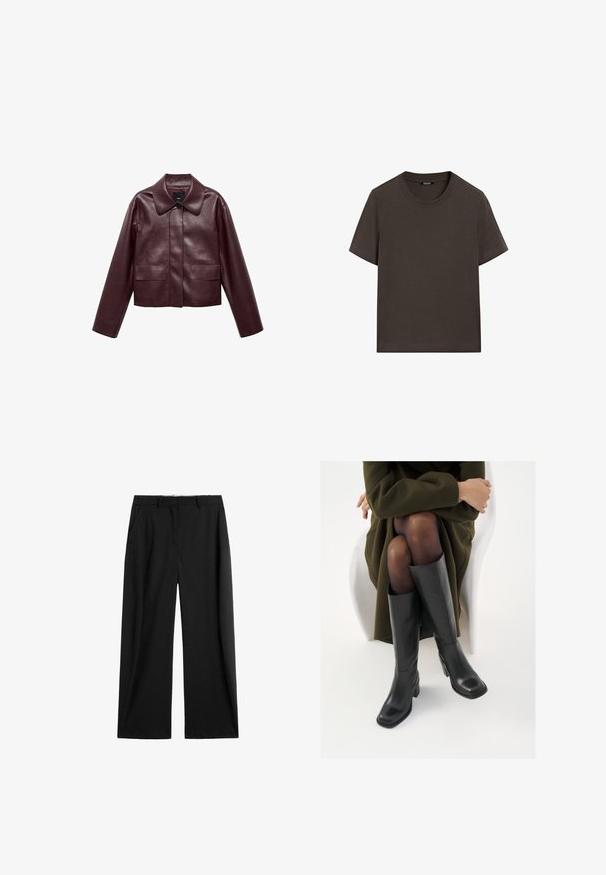 Bordeaux leren cropped jas met een kraag, sluiting met knopen aan de voorkant en twee borstzakken. Glad textuur en aangesloten mouwen.; Donkerbruin T-shirt met korte mouwen, gemaakt van katoen. Heeft een ronde halslijn en een ontspannen pasvorm, zonder zichtbare patronen of accenten.; Wijduitsluitende zwarte broek van een gladde stof, voorzien van twee zijzakken en een op maat gemaakte tailleband met riemlussen.; Knieschijf hoge zwarte leren laarzen met een vierkante neus en blokhak, getoond met een model dat zit in een olijfgroene jas. Gladde textuur, minimale details.