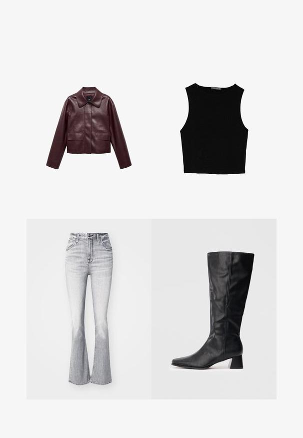 Burgundská kožená zkrácená bunda s límcem, předním zapínáním na knoflíky a dvěma náprsními kapsami. Hladká textura a přiléhavé rukávy.; Černý bezsleeve crop top vyrobený z hladké tkaniny, s kulatým výstřihem a čistým, jednoduchým designem bez vzorů nebo kovových doplňků.; Lee BREESE - Kalhoty - heavy ice; Černá kožená botka do poloviny lýtek s špičatou špičkou a blokovým podpatkem na jednoduchém světlém pozadí.