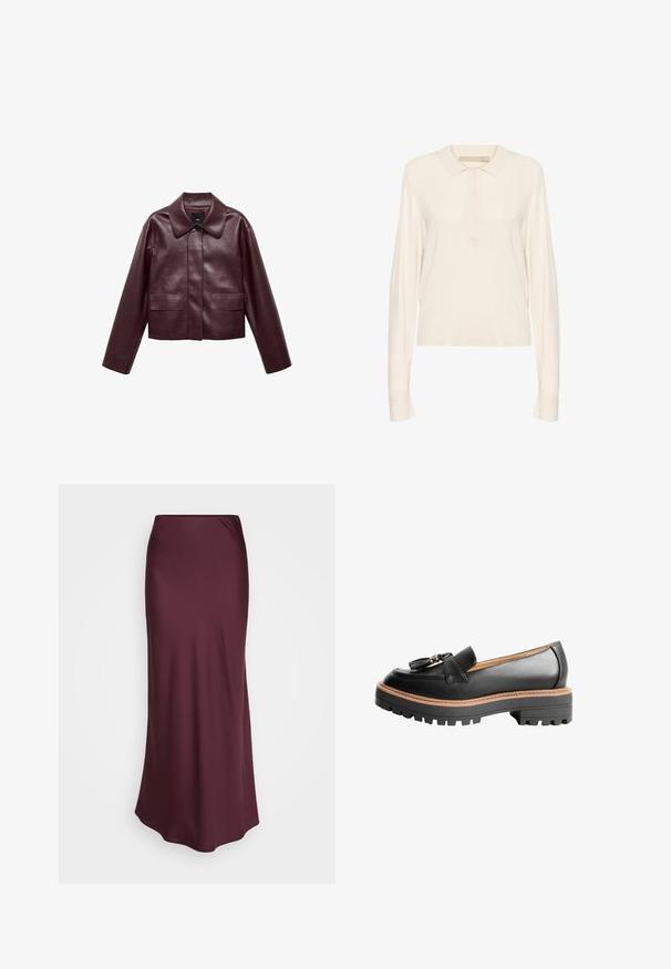 Burgunderlæder cropped jakke med krave, frontknaplukning og to brystlommer. Glat tekstur og tætsiddende ærmer.; Cremefarvet langærmet polo-shirt lavet af blødt strikstof, med ribbet krave, knappelukning med fire knapper og en afslappet pasform. Glat tekstur.; Bourgogne satin maxi nederdel med en glat tekstur og tætsiddende design, som har en lige silhuet og subtil drapering ved taljen.; Sort læder loafersko med rund tå, dekorativ sløjfedetalje og en kraftig sort gummisål med kontrasterende brun syning.
