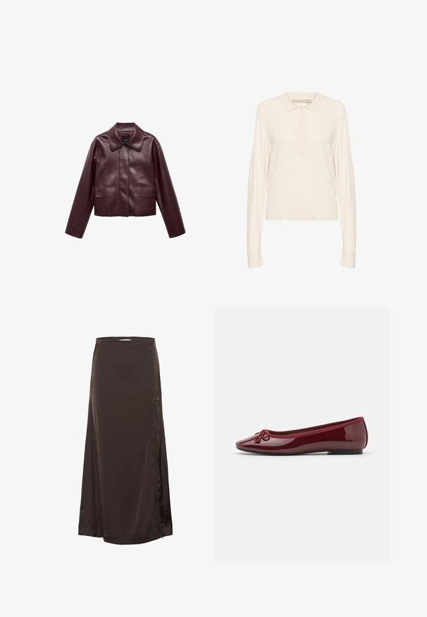 Bordo kožená skrátená bunda s golierom, predným zapínaním na gombíky a dvoma prsnými vreckami. Hladká textúra a priliehavé rukávy.; Krémová polokošeľa s dlhým rukávom vyrobená z mäkkej pleteniny, s rebrovaným golierom, štvorgombíkovou légou a voľným strihom. Hladká štruktúra.; Dlhá tmavohnedá saténová sukňa s priliehavým pásom a mierne bočným rozparkom, hladká textura a jemný lesk.; Baletky v lesklej burgundskej lakovej koži s okrúhlou špičkou, dekoratívnou mašľou a nízkou čiernou podrážkou.