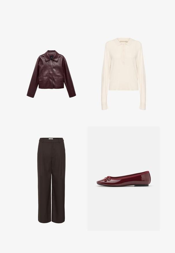 Burgundy nahka cropped-takki, jossa on kaulus, etu-napitus ja kaksi rintataskua. Sileä pinta ja istuvat hihat.; Kerman pitkähihaisen polo-paidan, joka on valmistettu pehmeästä neulostekstiilistä. Siinä on ribbauskaulus, nelipainikkeinen nappilista ja rento malli. Sujuva pinta.; Ruske leve hlače širokega kroja, narejene iz gladkega materiala. Imajo visok pas, sprednje pregibe in stranske žepe za funkcionalnost.; Ballet-kengät kiiltävästä burgundinvärisestä keinonahasta, joissa on pyöreä nenä, koristeellinen nauha ja matala musta pohja.