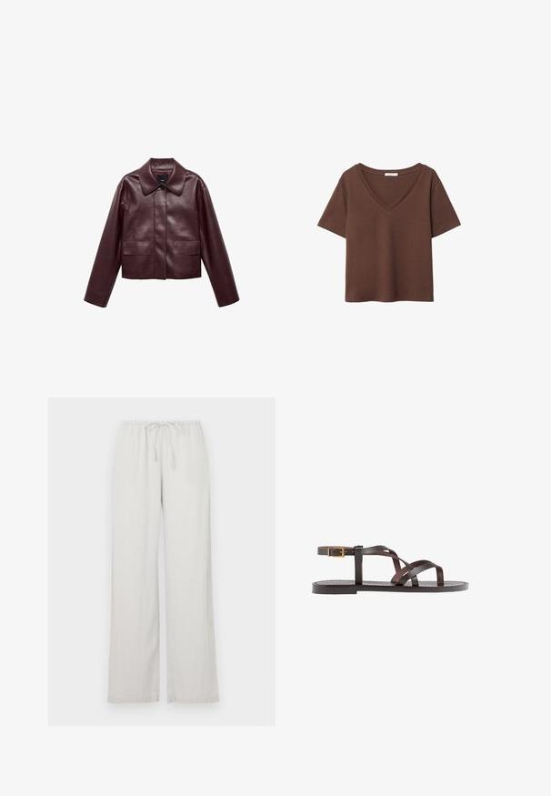 Burgunderrote, taillierte Lederjacke mit Kragen, Knopfverschluss auf der Vorderseite und zwei Brusttaschen. Schmale Passform und enganliegende Ärmel.; Braunes Baumwoll-T-Shirt mit kurzen Ärmeln und tiefem V-Ausschnitt. Einfaches Design, weiche Textur und gerade Saumlinie. Keine Muster oder Akzente.; Helle graue, weit geschnittene Hose aus weichem Stoff, mit einem elastischen Bund und Kordelzug sowie zwei Seitentaschen.; Braune Leder-Sandale mit überkreuzten Riemen, einem Knöchelriemen mit Schnalle und einer flachen Sohle mit minimalen Nähdetails.