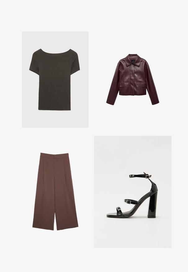 Burgunderlæder cropped jakke med krave, frontknaplukning og to brystlommer. Glat tekstur og tætsiddende ærmer.; Mørkegrå kortærmet top med bådudskæring. Lavet af ribbet stof, med en afslappet pasform og en ren kant. Enkelt design, ingen mønstre.; Brune bredbunde bukser med en glat tekstur, der har høj talje og plisseringer foran. Stoffet er let og falder løst.; Sorte patenterede hælsandaler med firkantet tå, ankelremme og sølvspænder. Har en chunky blokHæl for stabilitet.