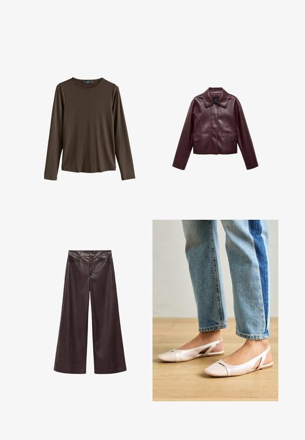 Bordo kožená skrátená bunda s golierom, predným zapínaním na gombíky a dvoma prsnými vreckami. Hladká textúra a priliehavé rukávy.; Hnedá dlhá rukávová košeľa vyrobená z hladkej tkaniny. Má okrúhly výstrih a rovný lem, bez viditeľných vzorov alebo akcentov.; Hnedé nohavice s vysokým pásom z faux kože s širokými nohavicami, ktoré obsahujú predné vrecká a klasické zapínanie na gombík. Hladká textúra a matný povrch.; Svetloružové slingback baleríny s jemne špicatou špičkou, vyrobené z hladkého materiálu pripomínajúceho kožu. Majú výrezové detaily na stranách a plochý opätok.
