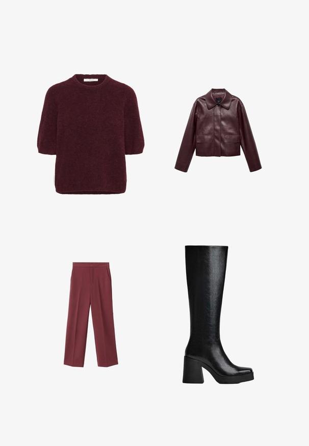 Geacă scurtă din piele bordeaux, cu guler, închidere frontală cu nasturi și două buzunare la piept. Textură netedă și mâneci ajustate.; Pulover scurt cu mânecă, de culoare roșie închisă, cu un guler rotund, fabricat de Gestuz, expus pe un fundal alb.; Pantaloni largi de culoare vișinie, cu o textură fină, dotate cu buzunare laterale și un design cu talie înaltă. Croiți cu o pliu curat pe față.; Cizmă neagră, până la genunchi, fabricată dintr-un material sintetic texturat, având vârful pătrat, toc gros și înalt, precum și o suprafață netedă și lucioasă.