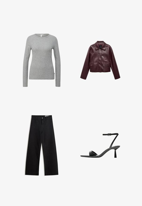 Bordeaux leren cropped jas met een kraag, sluiting met knopen aan de voorkant en twee borstzakken. Glad textuur en aangesloten mouwen.; Grijze langemouwen shirt van textuurstof met een ronde halslijn. Eenvoudig ontwerp zonder patronen of opvallende hardware.; Zwarte denim broek met wijde pijpen en een hoge taille, voorzien van voor- en achterzakken, gestikte naden en een knoopsluiting. Gladde textuur.; Bershka Sandalen met hoge hak - black