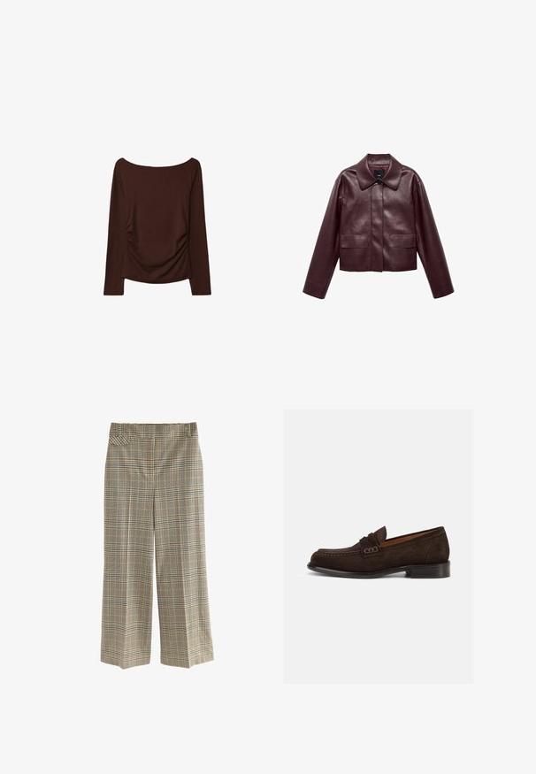 Burgunderlæder cropped jakke med krave, frontknaplukning og to brystlommer. Glat tekstur og tætsiddende ærmer.; Brun langærmet top med en bred udskæring og rynkede detaljer på siderne, lavet af et blødt, strækbart materiale.; Rutet bredbukser lavet af vævet stof. Har en talje, sidelommer og et mønster af brune, blå og cremefarvede firkanter.; Brune ruskinds loafers med en rund tå, syede detaljer og et lille dekorativt element på stroppen. Flad hældesign.