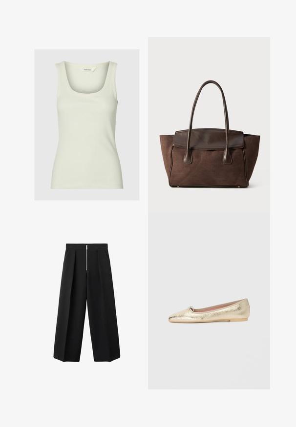 Giacca cropped in pelle bordeaux con colletto, chiusura frontale a bottoni e due tasche sul petto. Texture liscia e maniche aderenti.; Top a canotta a costine in un morbido verde pastello, con scollatura a giro e spalline larghe. Realizzato in una miscela di cotone elastico per il massimo comfort.; Pantaloni neri a gamba larga con pieghe frontali e una zip argentata a vista in vita, parte anteriore piatta e tasche laterali.; Ballet flats metallici dorati con una finitura liscia, punta a forma di mandorla e un piccolo dettaglio a fiocco frontale. Presentano una soletta di un leggero color beige e un tacco minimale.; Borsa tote in suede marrone con un design strutturato, dettagli in pelle liscia, manici allungati e cuciture a contrasto sottili.