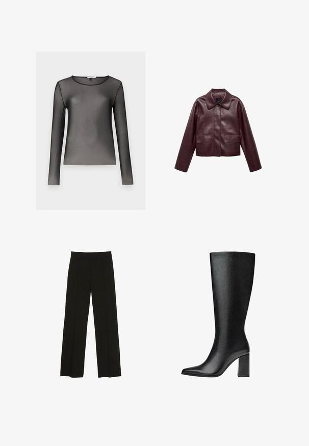 Burgunderrote, taillierte Lederjacke mit Kragen, Knopfverschluss auf der Vorderseite und zwei Brusttaschen. Schmale Passform und enganliegende Ärmel.; Schwarzes Langarmtop aus transparentem, leichtem Stoff; mit Rundhalsausschnitt und figurbetonter Silhouette. Glatte Textur, minimale Details.; Schwarze weit geschnittene Hosen aus glattem Stoff, ausgestattet mit einem taillierten Bund und dezenten vorderen Falten für zusätzliche Struktur.; Schwarze kniehohe Stiefel aus Kunstleder mit spitzer Zehe, glatter Oberfläche und blockartigem Absatz. Minimalistisches Design ohne sichtbare Akzente.