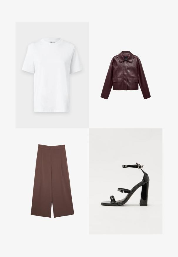 Bordeaux leren cropped jas met een kraag, sluiting met knopen aan de voorkant en twee borstzakken. Glad textuur en aangesloten mouwen.; Witte katoenen T-shirt met ronde hals, korte mouwen en een gladde textuur. Ontworpen met een comfortabele en veelzijdige relaxte pasvorm.; Bruine wijde broek met een gladde textuur, voorzien van een hoge taille en plooien aan de voorkant. De stof is lichtgewicht en valt losjes.; Zwarte gepatenteerde sandalen met hak en een vierkante neus, enkelbandjes en zilveren gespen. Heeft een stevige blokhak voor stabiliteit.