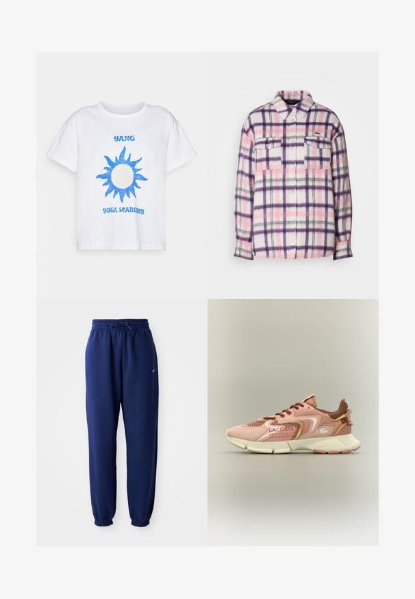 Lacoste Casaco leve - lapland/velvet-nidus-sinople; T-shirt de algodão branco com um gráfico de sol em glitter azul e o texto "YANG YOGA SEARCHER" em fonte azul. Manga curta e corte descontraído.; Calças de fato de treino azul marinho feitas de um tecido suave, com uma cintura elástica com cordão, punhos elásticos e um pequeno logótipo branco.; Sapatilhas Lacoste com uma parte superior em malha rosa e detalhes em camurça, acabamentos texturizados e uma entressola branca. Destaca-se a marcação em vermelho.