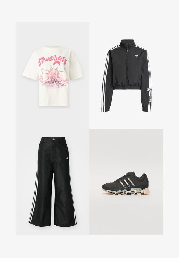 Sort cropped jakke lavet af let materiale, med høj krave, hvide striber på ærmerne og et broderet logo på brystet.; Cremefarvet bomulds t-shirt med et grafisk design af en sol, et bjerg og en snoet sti i pink og grå nuancer. Korte ærmer.; Sorte vide denim bukser med tre hvide striber på hver side og et lille hvidt logo. Indeholder forlommer og en knaplukning.; Sort træningssko med en tekstureret overdel, tre sølvstriber og en karakteristisk støttende sål med flere integrerede sektioner.