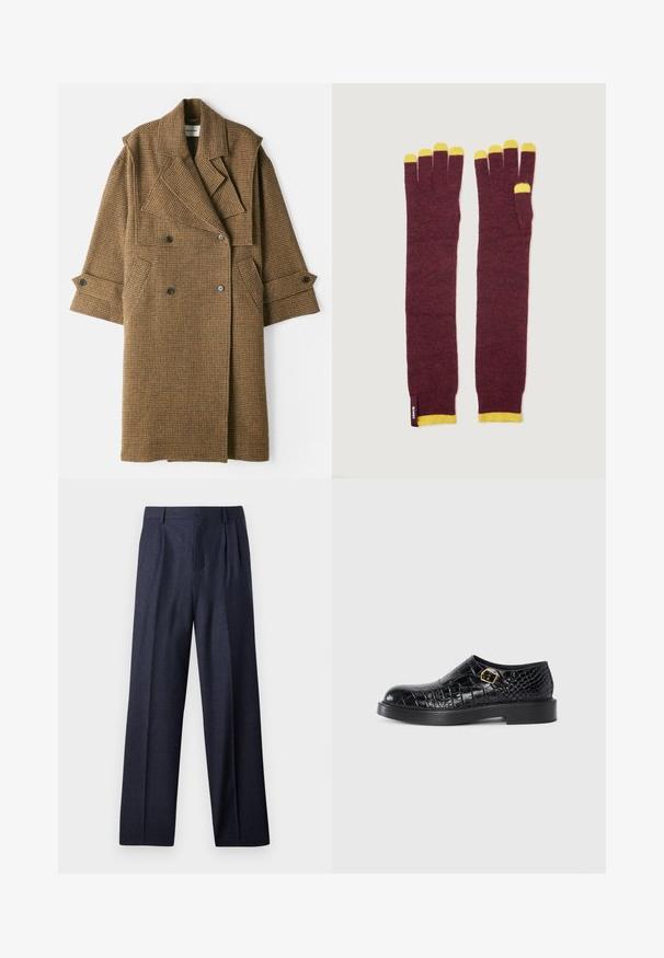 Henrik Vibskov HANDS DOWN COAT - Trenchcoat - brown; Burgunderfarbener Pullover mit gelbem Rippkragen, Reißverschluss und langen Ärmeln. Weicher Stoff und klassisches Design.; Marineblaue Wollhose mit maßgeschneiderter Passform, ausgestattet mit gefaltetem Vorderteil und weit geschnittenen Beinen. Glatte Textur und klare Linien, geeignet für formelle Anlässe.; Schwarzer Lederschuh mit krokodilpräge-textur, runder Zehenform, flacher Gummisohle und einem goldfarbenen quadratischen Schnallen-Detail an der Seite.; Bordeauxfarbene, gestrickte Handschuhe mit gelben Akzenten an den Fingerspitzen und Bündchen. Sie haben ein langes Design, das den Unterarm bedeckt. Weiche Textur, nahtlose Verarbeitung.