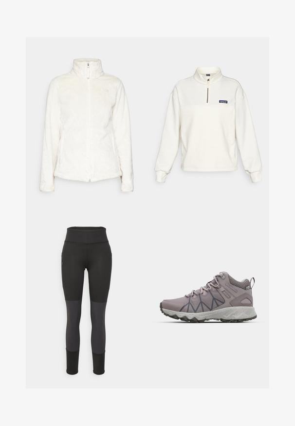 The North Face OSITO mleczny; Kremowy polar z półkoliowym zamkiem, długimi rękawami oraz małym niebieskim logo Patagonia na piersi. Gładka tekstura.; Czarne legginsy sportowe z wysokim stanem, z fakturowanym wzorem, kontrastującymi szarymi panelami, bocznymi kieszeniami i dopasowanymi mankietami.; Jasnopurple trekkingowe buty z siateczkowym i syntetycznym wierzchem, fakturowane wzory po bokach, amortyzująca podeszwa środkowa oraz wytrzymała gumowa podeszwa.