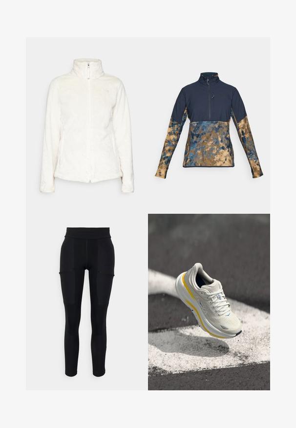 The North Face OSITO JACKET - Fleece jacket - white dune; Half-zip fleece pullover with navy upper body and collar, and blue and tan mottled pattern on sleeves and lower torso.; Black leggings with a high waistband, featuring contrasting panels, pocket details, and a smooth, stretchy texture. Suitable for active wear.; Light grey running shoe with yellow accents; mesh upper, cushioned sole, and subtle blue details. Distinctive brand logo on the side.