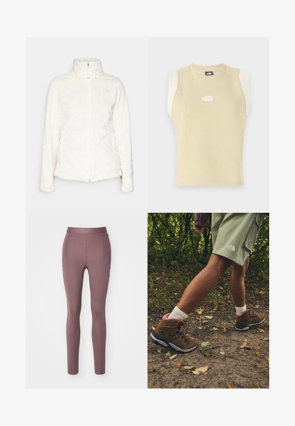 The North Face OSITO JACKET - Fleecová bunda - white dune; Bezramenný top v pastelově žluté bavlně s kulatým výstřihem. Obsahuje kontrastní krémové ramenní panely a texturované logo na hrudi.; HOKA NOVAFLY RUN - Běžecké legíny - smokey quartz; Jack Wolfskin REFUGIO PRIME TEXAPORE MID W - Trekingové boty - fawn