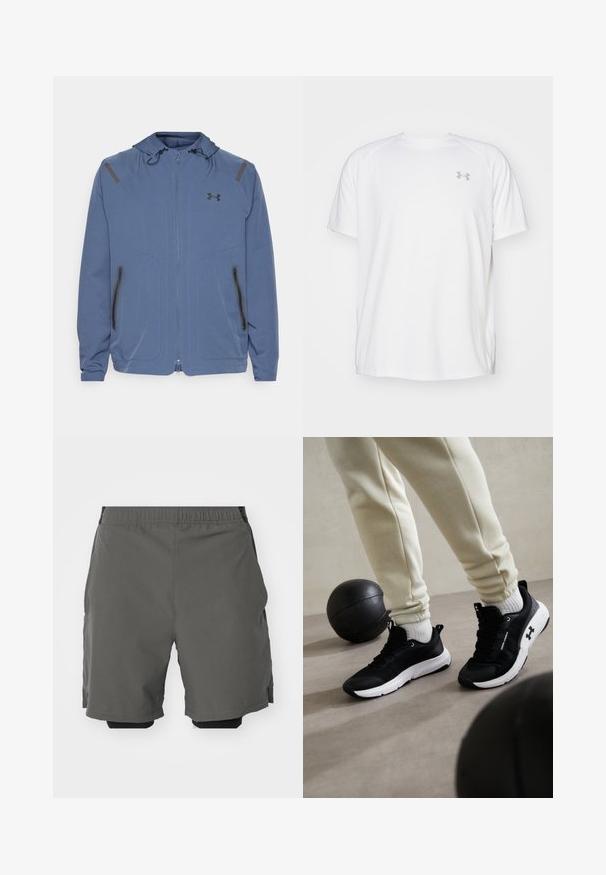 Giacca blu con cappuccio realizzata in materiale sintetico, caratterizzata da una chiusura frontale con zip, dettagli neri e due tasche con zip sui lati.; Maglietta da ginnastica bianca a maniche corte realizzata in tessuto liscio. Presenta un colletto rotondo e un logo grigio sul lato sinistro del petto, con fessure laterali all'orlo.; Pantaloni corti sportivi grigi realizzati in un tessuto liscio e leggero, con una vita elastica, dotati di pantaloni interni compressivi e tasche laterali.; Scarpe da ginnastica nere con suola bianca, dotate di una tomaia testurizzata e un sistema di allacciatura. Accompagnate da pantaloni sportivi color crema e una palla da basket nera.