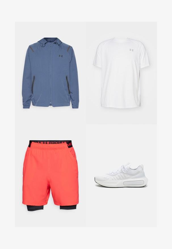 Chaqueta con capucha azul hecha de material sintético, con cierre frontal de cremallera, detalles en negro y dos bolsillos con cremallera a los lados.; Camisa atlética de manga corta blanca, hecha de tejido suave. Presenta un cuello redondo y un logo gris en el lado izquierdo del pecho, con aberturas laterales en el dobladillo.; Under Armour VANISH STS - Shorts 2 en 1 - racer red/black; Zapatilla deportiva blanca con una parte superior de punto texturizado, cierre de cordones, suela acolchada y un detalle de marca distintivo en el lateral.