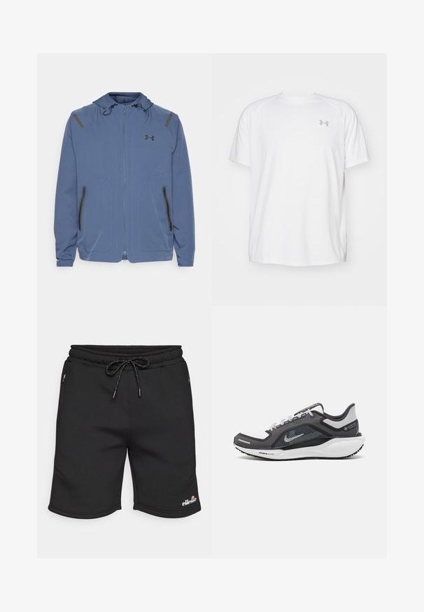 Chaqueta con capucha azul hecha de material sintético, con cierre frontal de cremallera, detalles en negro y dos bolsillos con cremallera a los lados.; Camisa atlética de manga corta blanca, hecha de tejido suave. Presenta un cuello redondo y un logo gris en el lado izquierdo del pecho, con aberturas laterales en el dobladillo.; Pantalones cortos negros de material suave con cintura elástica y cordón ajustable. Presenta dos bolsillos laterales con cremallera y un pequeño logo en el dobladillo.; Zapatilla deportiva negro y gris con parte superior de malla, acentos reflectantes y una entresuela blanca. Presenta una suela de goma texturizada y cordones.