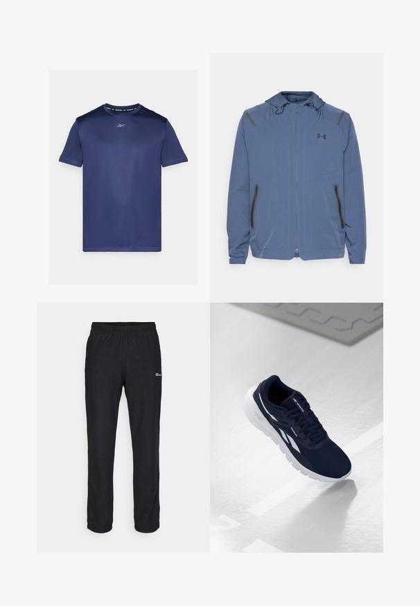 Modrá kapuce bunda z umělého materiálu, která má přední zip, černé akcenty a dvě zipové kapsy po stranách.; Námořnická modrá atletická košile s krátkým rukávem vyrobená z hladkého materiálu odvodu vlhkosti, s kulatým výstřihem a subtilním logem Reebok na hrudi.; Champion ICONS STRAIGHT PANTS QUICK DRY - Teplákové kalhoty - black; Námořnické sportovní boty s texturovaným svrškem, bílými akcenty a polstrovanou podrážkou. Obsahují šněrovací design a logo na jazyku.
