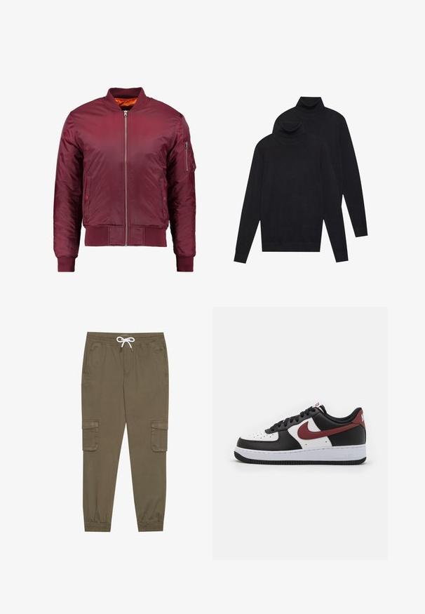 Burgundi bomber dzseki sima, könnyű anyagból készült. Elülső cipzárral, bordázott mandzsettákkal és zsebbe a bal ujjon.; Két fekete, hosszúujjú garbó, sima kötésű, egymásra helyezve, az egyik kicsit a másik mögött, fehér háttér előtt.; Kaki cargo nadrág, rugalmas derékkal és húzózsinórral, oldalsó zsebekkel és szűkített bokákkal. Texturált, könnyű anyagból készült.; Fekete-fehér bőr sportcipő piros Nike pipa emblémával. Perforált orr, fekete fűző, valamint fehér középtalppal és texturált fekete külső talppal rendelkezik.