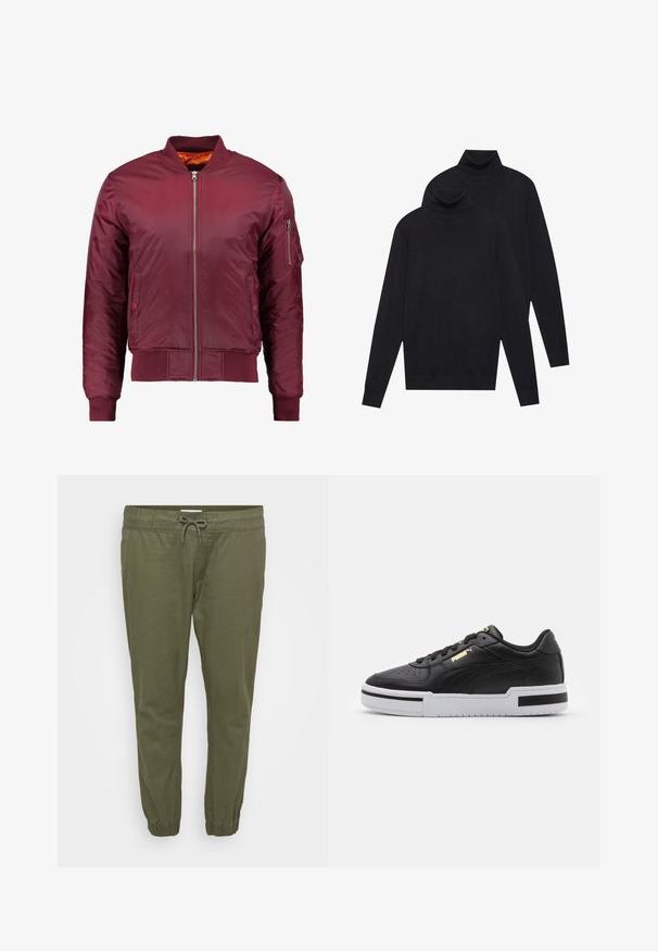 Bordeaux bomberjack gemaakt van soepel, lichtgewicht materiaal. Kenmerkt zich door een voorrits, geribbelde manchetten en een zak op de linker mouw.; Twee zwarte, lange mouwen coltruien, eenvoudig gebreid, gestapeld met de één iets achter de ander op een witte achtergrond.; Olijfgroene, lichte, taps toelopende broek met een elastische tailleband, verstelbaar trekkoord en elastische boorden bij de enkels. Glad van textuur.; Zwarte leren sneaker met witte tussenzool, geperforeerde neus, gouden logo-detail, gevoerde kraag en contrasterende zwarte accenten aan de zijkant.