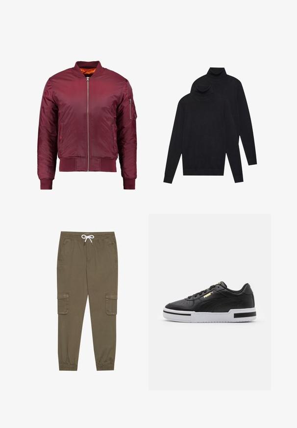 Bomber jacket maroon dibuat dari bahan halus dan ringan. Memiliki ritsleting depan, manset bergelombang, dan saku di lengan kiri.; Kaksi mustaa pitkähihaista poolopaitaa, yksinkertaista neulosta, pinottuna siten, että yksi on hiukan toisen takana valkoista taustaa vasten.; Khaki cargo-housut, joissa on joustava vyötärö ja kiristysnauha, sekä sivutaskut ja lahkeiden resorit. Valmistettu teksturoidusta, kevyestä materiaalista.; Musta nahkainen lenkkari, jossa on valkoinen välipohja, rei'itetty varvastoppa, kultainen logodetail, pehmustettu nilkkareuna ja mustat kontrastivärit sivuilla.