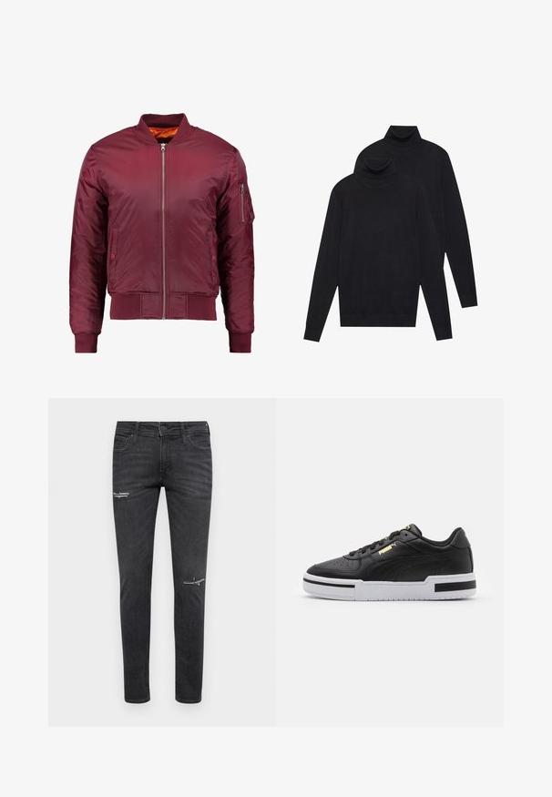 Burgundi bomber dzseki sima, könnyű anyagból készült. Elülső cipzárral, bordázott mandzsettákkal és zsebbe a bal ujjon.; Két fekete, hosszúujjú garbó, sima kötésű, egymásra helyezve, az egyik kicsit a másik mögött, fehér háttér előtt.; Fekete, vékony farmernadrág, térdnél koptatott részletekkel, öt zsebes dizájnnal, klasszikus gombos és cipzáras záródással.; Fekete bőrsneaker fehér középtalppal, perforált orral, arany logóval, párnázott bokarésszel és kontrasztos fekete részletekkel az oldalon.