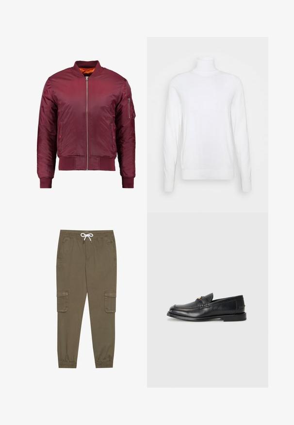 Bordo bomber jakna napravljena od glatkog, laganog materijala. Ima prednji zip, rebraste manžetne i džep na lijevoj rukavu.; Bijela turtleneck majica dugih rukava, izrađena od glatkog materijala. Ima elegantan kroj s rebrastim manžetama i donjim rubom. Bez uzoraka ili dodataka.; Khački cargo hlače s elastičnom strukom i vezicom, s bočnim džepovima i suženim gležnjevima. Izrađene od teksturiranog, laganog materijala.; Crne kožne mokasine imaju zaobljen vrh, šivane detalje i mali zlatni akcent na prednjem delu. Đon je ravan i diskretan.