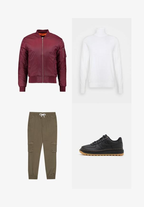 Veste bomber bordeaux en matériau lisse et léger. Comprend une fermeture éclair à l'avant, des poignets côtelés et une poche sur la manche gauche.; Pull à col roulé blanc avec des manches longues, fabriqué en tissu lisse. Présente un design ajusté et des poignets et un ourlet côtelés. Pas de motifs ni d'accents.; Pantalons cargo kaki avec une taille élastique et un cordon de serrage, dotés de poches latérales et de chevilles côtelées. Fabriqués en matériau texturé et léger.; Baskets en cuir noir avec finition texturée, bout rond, détails perforés et semelle extérieure en caoutchouc gum. Présente des coutures contrastantes jaunes et un logo.