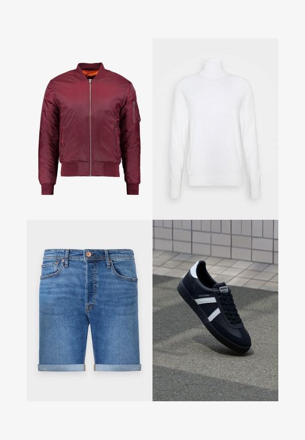 Bordo bomber jakna napravljena od glatkog, laganog materijala. Ima prednji zip, rebraste manžetne i džep na lijevoj rukavu.; Bijela turtleneck majica dugih rukava, izrađena od glatkog materijala. Ima elegantan kroj s rebrastim manžetama i donjim rubom. Bez uzoraka ili dodataka.; Traperice kratke hlače u srednje plavoj nijansi s preklopljenim rubovima, dizajn s pet džepova, zatvaranje na mesingasti gumb i kontrastna šavova.; Crne kožne tenisice s bijelim prugama, strukturirana gumena potplate i vezanjem sprijeda. Ima oznaku brenda na jeziku.