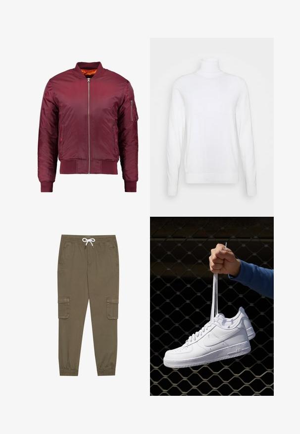Maroon bomber jacket made of smooth, lightweight material. Features a front zipper, ribbed cuffs, and a pocket on the left sleeve.; White turtleneck sweater with long sleeves, made of smooth fabric. Features a fitted design and ribbed cuffs and hem. No patterns or accents.; Khaki cargo pants with an elastic waistband and drawstring, featuring side pockets and cuffed ankles. Made from a textured, lightweight material.; White leather sneakers with perforations, round toe, flat sole, and thick laces, featuring a visible swoosh logo and "AIR" on the heel.