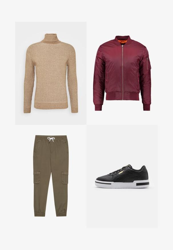 Bordo spalvos bomberis, pagamintas iš lygaus, lengvo medžiagos. Yra priekinis užtrauktukas, įtempiami rankogaliai ir kišenė kairiajame rankove.; Šviesiai rudas raižytas megztinis su aukšta apykakle, ilgomis rankovėmis, tekstūruota medžiaga, prigludusi forma ir šiek tiek laisva apykakle. Paprasta ir neutralios spalvos.; Khaki krovinių kelnės su elastingu juosmeniu ir užtrauktuku, su šoninėmis kišenėmis ir sutrauktomis kulkšnėmis. Pagamintos iš tekstūruotos, lengvos medžiagos.; Juodai odiniai sportbačiai su balta tarpinėmis, perforuotu pirštu, auksiniu logotipu, paminkštintu apykakle ir kontrastingomis juodomis akcentais šone.