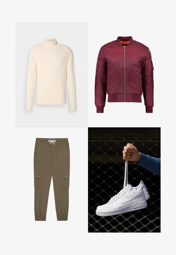 Bordeauxfarbener Bomberjacke aus glattem, leichtem Material. Verfügt über einen Reißverschluss vorne, gerippte Bündchen und eine Tasche am linken Ärmel.; Lindbergh ROLL NECK STRUCTURE SWEATER - Strickpullover - ecru; Khaki Cargo-Hosen mit elastischem Bund und Kordelzug, aus seitlichen Taschen und umgeschlagenen Knöcheln. Hergestellt aus einem strukturierten, leichten Material.; Weiße Leder-Sneaker mit Perforationen, runder Zehenpartie, flacher Sohle und dicken Schnürsenkeln, mit sichtbar eingesticktem Swoosh-Logo und "AIR" an der Ferse.