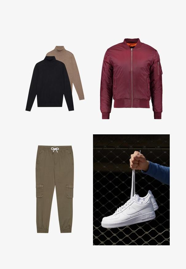 Burgundi värvi bomber-jakk, mis on valmistatud siledast ja kerge materjalist. Mööda esist osa on lukuga, varrukate otstes on soonikkoes ribad ning vasakul varrukal on tasku.; Kaks pikka varrukat ja kõrge kaelusega sviitrit, üks must ja teine heledat pruun, pehmest kudumist valmistatud, istuva disaini ja soonikkoes mansettidega.; Khaki cargo püksid elastse vöökoha ja stringiga, külgtaskud ja voltidega pahkluude juures. Valmistatud tekstureeritud, kerget materjalist.; Valged nahast tennisetossud, millel on perforatsioonid, ümar nina, lame tallus ja paksud nöörid, nähtava swooshi logoga ja "AIR" kontsadel.