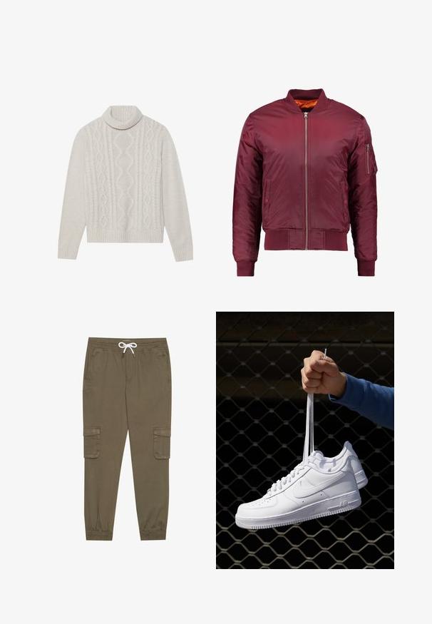 Chaqueta bomber de color burdeos, fabricada con material suave y ligero. Presenta un cierre frontal de cremallera, puños acanalados y un bolsillo en la manga izquierda.; Suéter de punto trenzado color crema con un alto cuello acanalado, que presenta un patrón texturizado y puños y dobladillo acanalados. Material suave de mezcla de lana.; Pantalones cargo caqui con cintura elástica y cordón, que cuentan con bolsillos laterales y tobillos ajustados. Fabricados en un material ligero y texturizado.; Zapatillas de cuero blanco con perforaciones, punta redonda, suela plana y cordones gruesos, con un logo de swoosh visible y "AIR" en el talón.