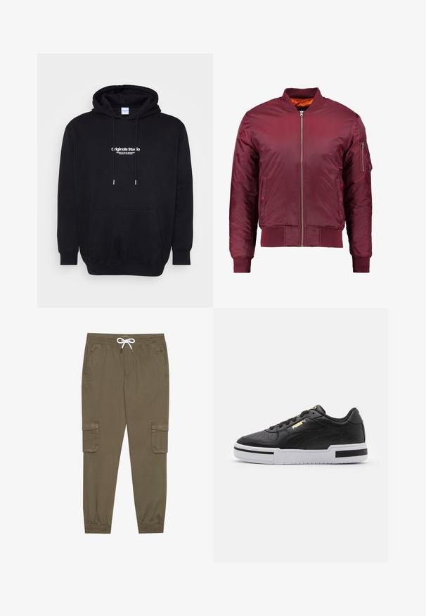 Bordeauxfarbener Bomberjacke aus glattem, leichtem Material. Verfügt über einen Reißverschluss vorne, gerippte Bündchen und eine Tasche am linken Ärmel.; Schwarzer Kapuzenpulli aus weichem Stoff, mit einer Vordertasche und kräftigem weißen Logotext auf der Brust. Normale Passform mit Kordelzügen.; Khaki Cargo-Hosen mit elastischem Bund und Kordelzug, aus seitlichen Taschen und umgeschlagenen Knöcheln. Hergestellt aus einem strukturierten, leichten Material.; Schwarze Leder sneaker mit weißer Mittelsohle, perforierter Zehenpartie, goldfarbenem Logodetail, gepolstertem Kragen und kontrastierenden schwarzen Akzenten an der Seite.